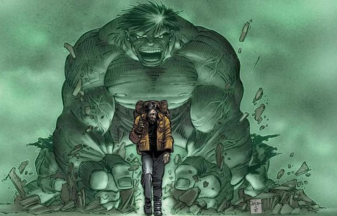 A sad looking Bruce Banner is walking - the hulk looms behind him. You can almost hear the sad piano music playing. 